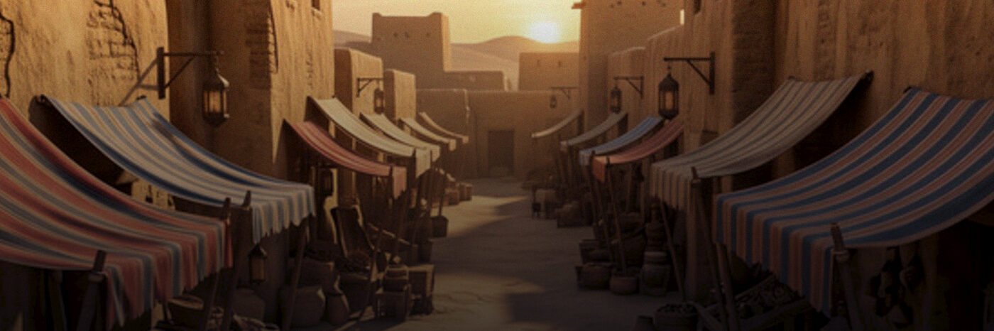 An Egyptian bazaar street at sunrise