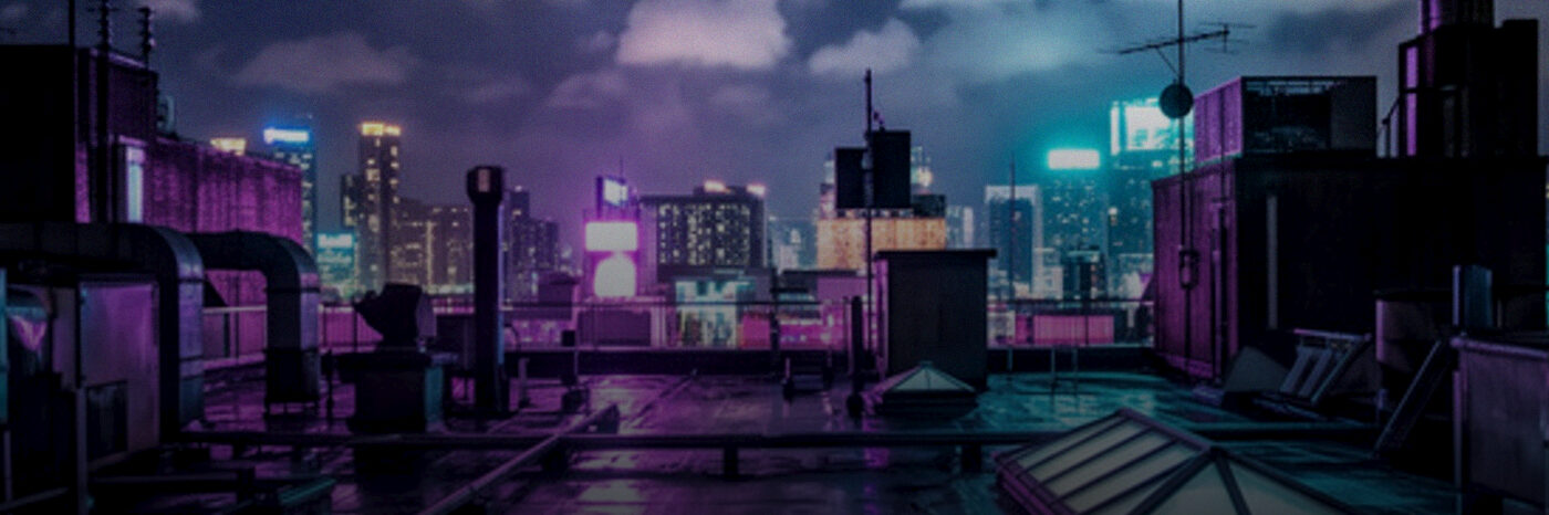 Rain-slick city rooftops under neon light