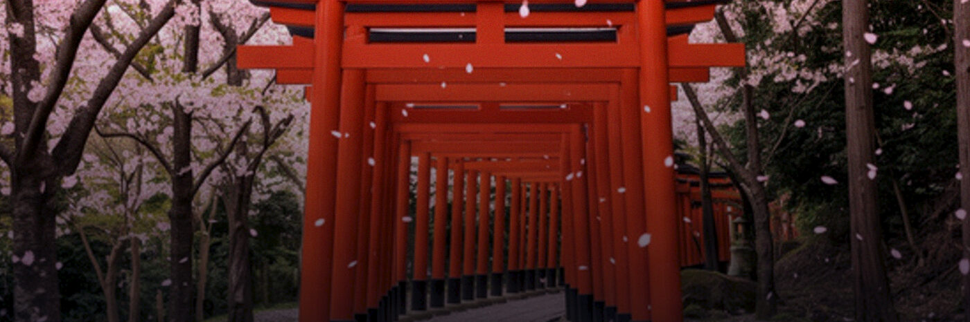 A tunnel of red torii gates among cherry blossom