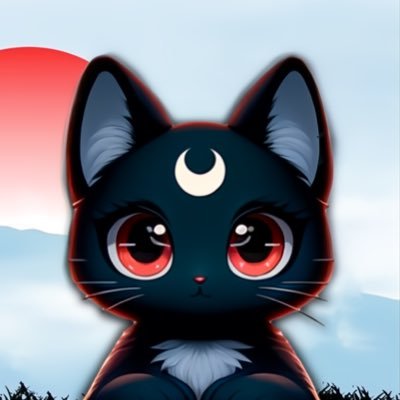 Tsuki — a black cat with red eyes and a white crescent moon on her brow